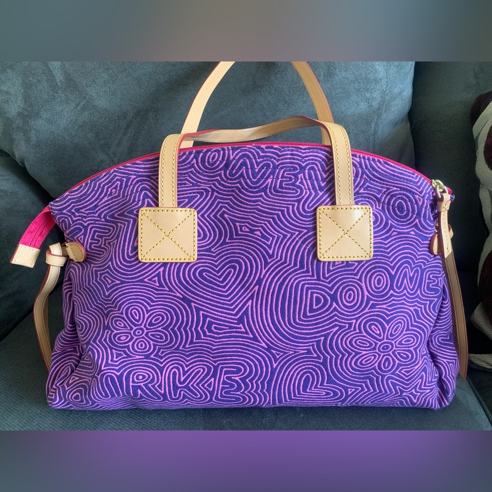 Dooney & Bourke Scribble Doodle Fabric Satchel Top Handle Tote Bag Leather Trim